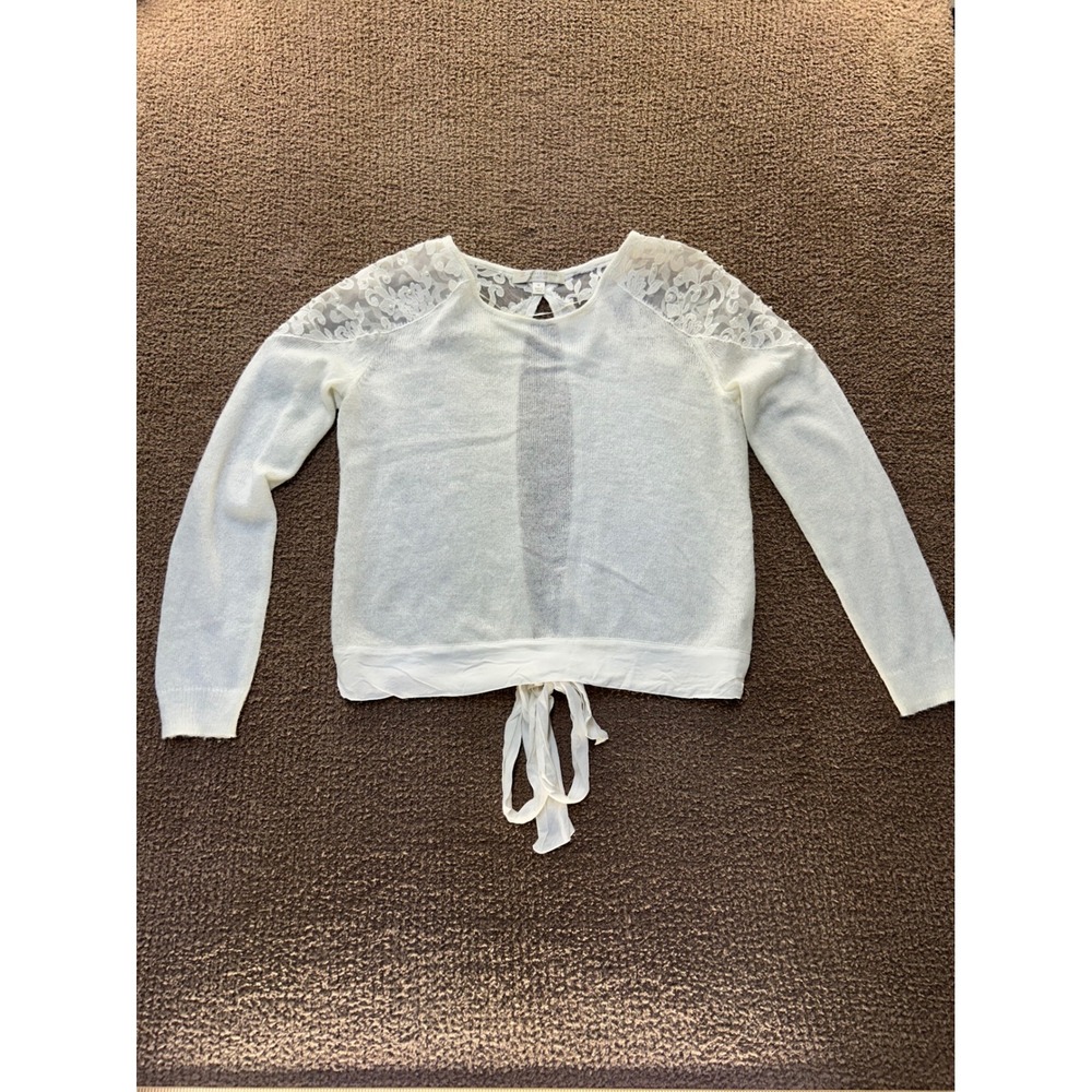 LC Lauren Conrad Runway Womens Medium Cream Lace Pearl Open Back Tie Sweater